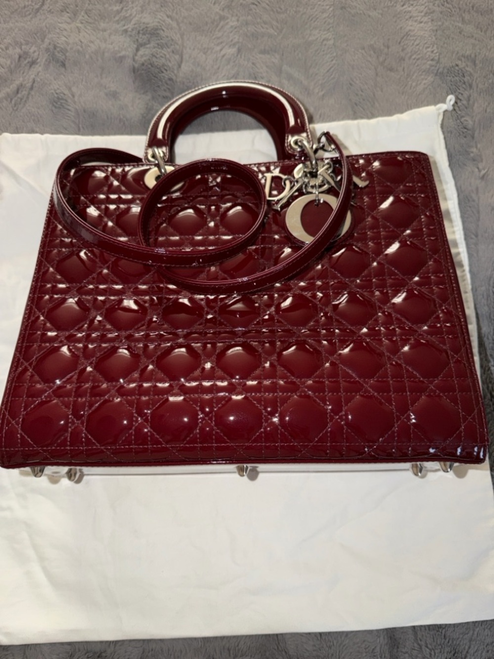 Preloved Christian Dior Burgundy Patent Leather Lady Tote with Dangle Charms - Picture 2 of 11
